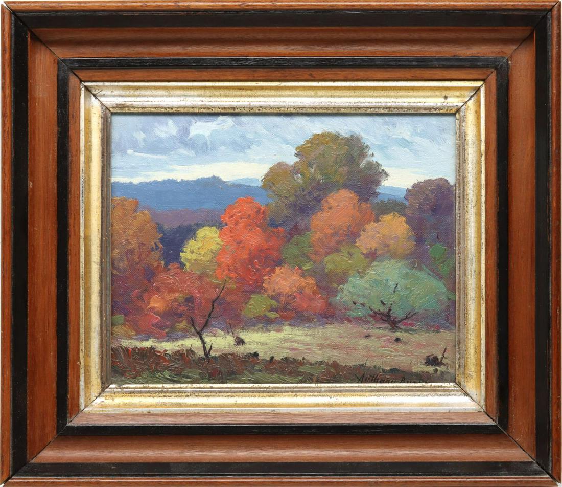 ANTHONY BUCHTA (1896-1967) BROWN COUNTY OIL ON BOARD: Anthony Buchta (1896-1967) Song of October Mid 20th Century The oil painting on illustration board signed by the artist lower right depicts a colorful fall landscape that includes distant hills and ri