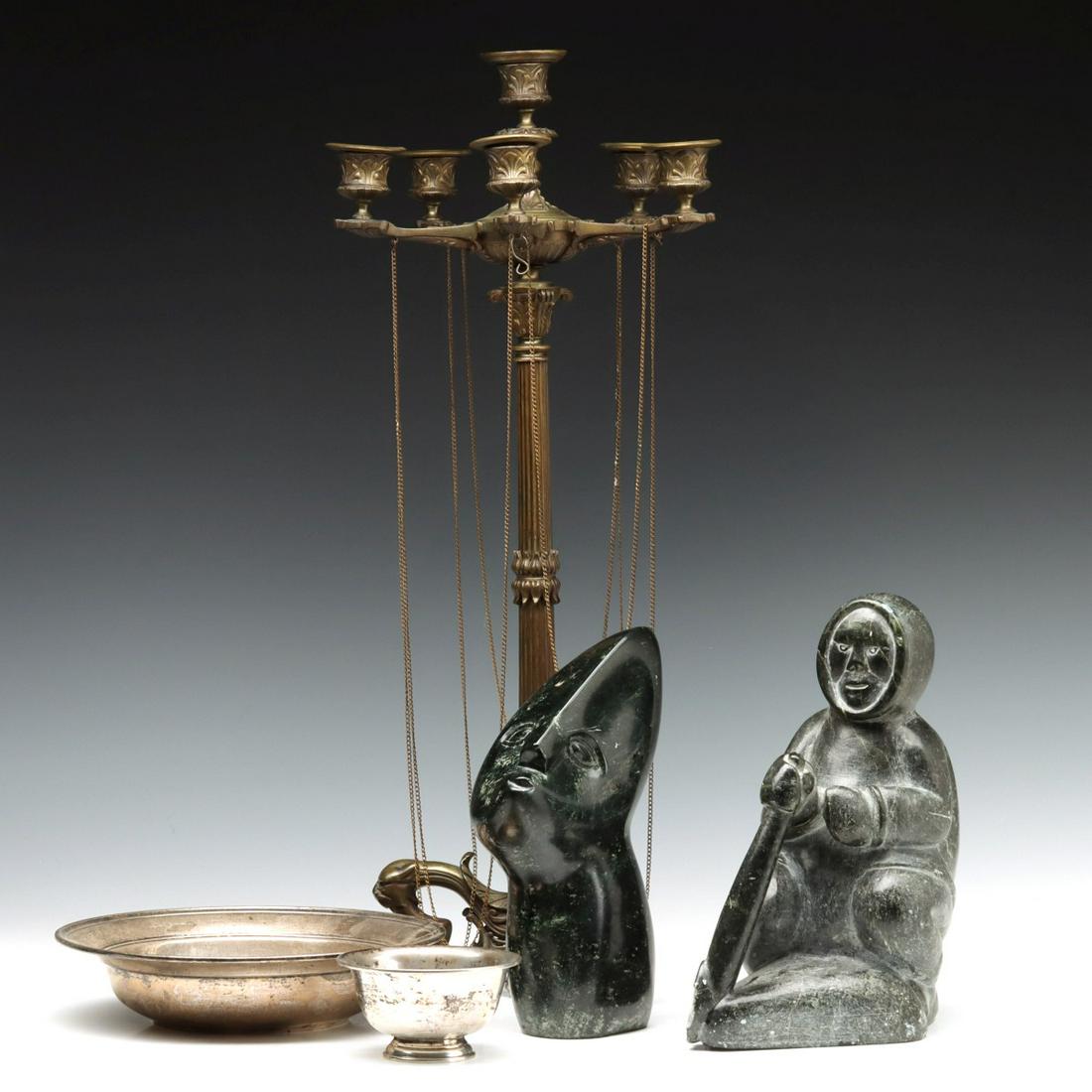 A DISPARATE LOT OF ESKIMO, AFRICAN. BRONZE AND STERLING: The unrelated group of objects pulled together to complete an estate consignment are offered a shown. Candelabra measures 22 x 8 inches. We happily provide seamless in-house packing and shipping servi