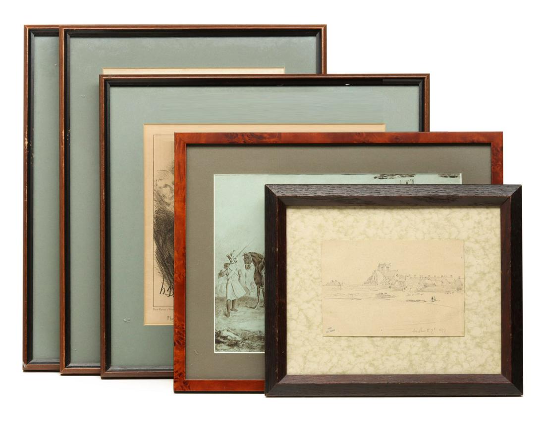 PRINTS AND WORKS ON PAPER CIRCA LATE 19TH CENTURY: A graphite drawing from the estate of Paul Chardin dated 1877, three lithographs after Honore Daumier, a watercolor on blue paper signed W. Griffith. Frames measure 9.75 x 11.75 to 16.75 x 13 inches.