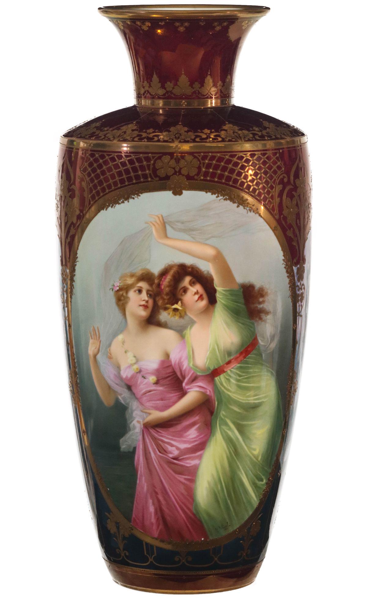 A VIENNA STYLE 26-INCH KPM FLOOR VASE SIGNED H. WEIGEL: The fine, rare and large porcelain vase with KPM sceptre mark in blue is fully hand decorated without decal or transfer and signed H. Weigel for the famous Royal Vienna artist Hans Weigel. The composi