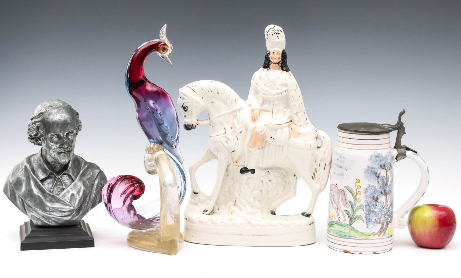 AN ESTATE LOT OF CHAMPLEVE, STAFFORDSHIRE, DELFT STEIN: The large estate lot of disparate objects includes two hand hammered 950 standard silver basins with champleve enamels approximately 3 inches each, a 19th century delft glaze stein, 19th century Europ