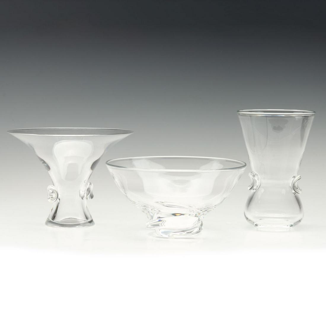 THREE STEUBEN CRYSTAL ART GLASS VASES: Three Steuben art glass vases, 5-inch Bouquet vase number 7985, Spiral bowl number 8060 and Signet vase number 8002, all signed with engraved signatures on the bases. Measure 3.75, 5 and 6 inches. We