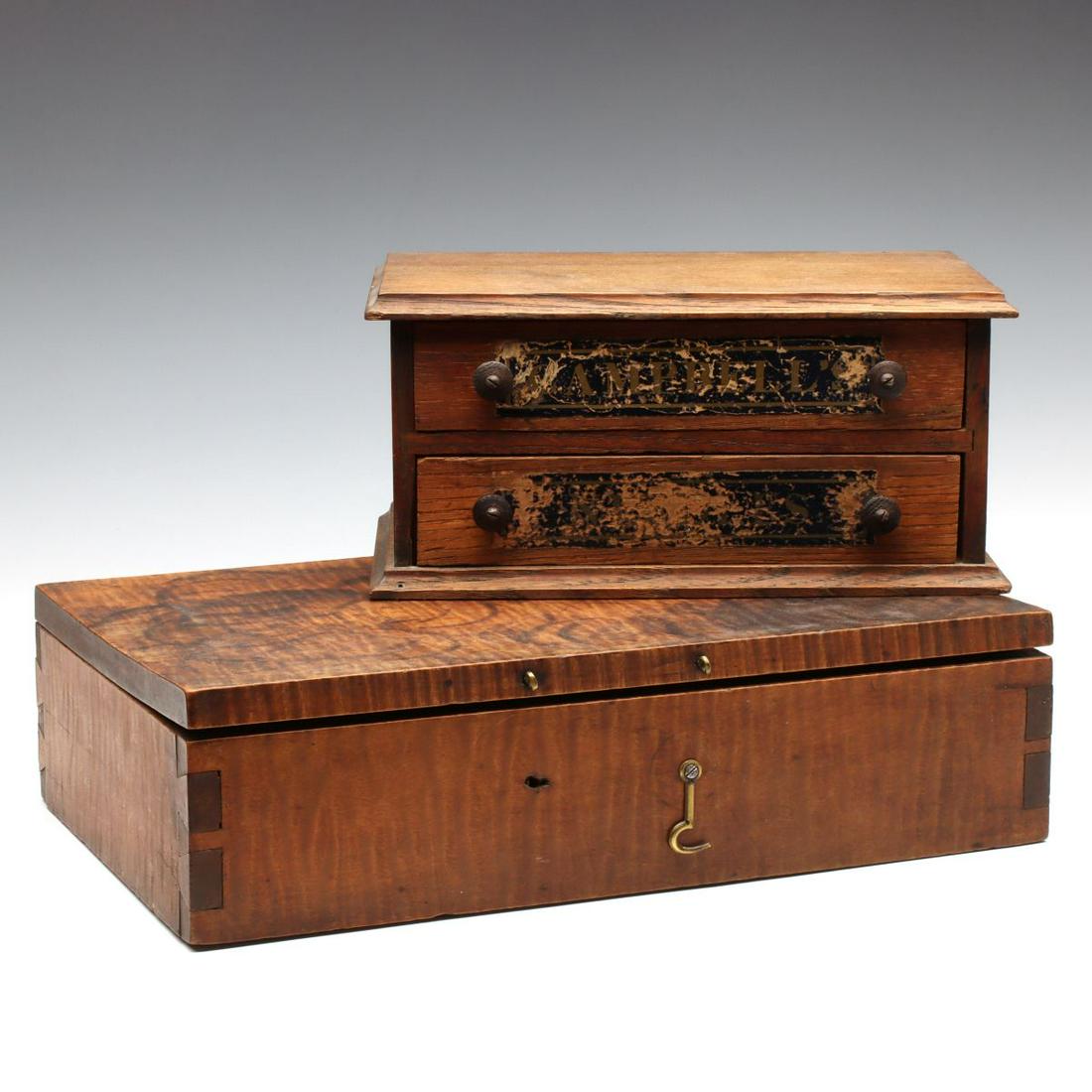 A 19TH C. TIGER MAPLE BOX AND A TWO DRAWER THREAD CASE: The two small boxes as shown without interior dividers. Measure 5 x 10.5 x 6 and 3.75 x 14 x 8.5 inches. We happily provide seamless in-house packing and shipping services on nearly everything we sell
