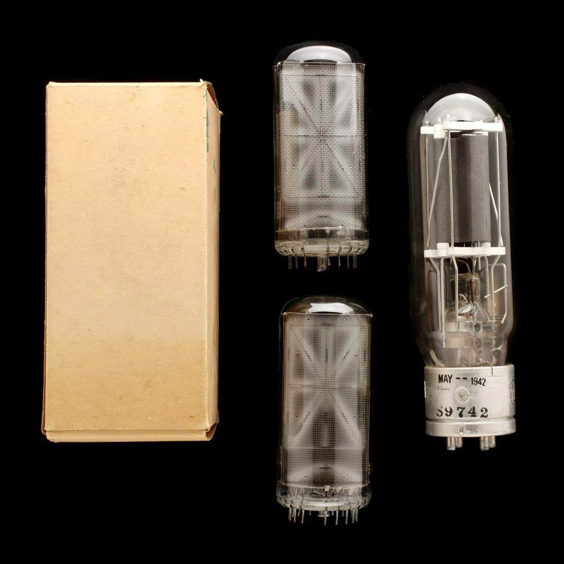 VINTAGE NIXIE AND VACUUM TUBES: Two Ultronic Systems Nixie Display Tubes B-7971, 283CQAD7971. And an RCA vacuum tube dated May 1942 and numbered S9742, with original box. Measure 4.5 and 7.75 inches. We happily provide seamless in-h