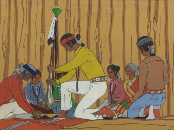 ARTHUR C. BEGAY (1932 - ) TEMPERA ON PAPER: "Indian Ceremony", signed lower right, Navajo men and women engaged in ceremony, black and gilt metal frame with linen surround, cream mat, 25-3/4 inches high x 34-1/2 inches wide; site: 26-1/2 inches