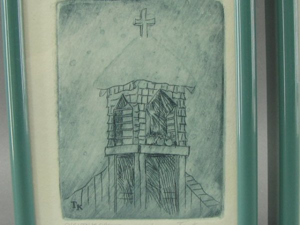FOUR TOM KNAPP PENCIL SIGNED ETCHINGS: Includes 'Christmas Shelter A/P,' 'Hopi Kachina 149/400,' 'Cochiti Storyteller 24/350,' and 'Apache Cradle 315/350' with additional 'Season's Greetings, Tom & Dorothy.' Each with embossed mark 'This o