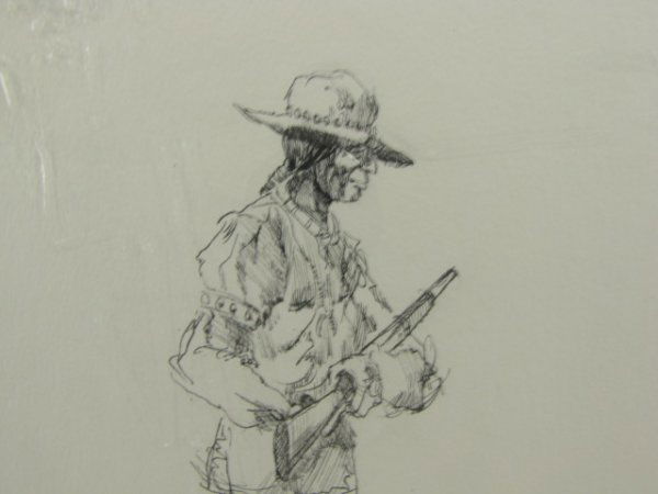 PEN AND INK SKETCH BY PEñA: "Indian Scout", signed "RS Del Campo" in sketch, Native American standing cradling a gun, paper mounted to blue mat and framed in blue metal frame, 23 inches high x 10 inches wide; 26-3/4 inches high