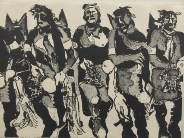 FRITZ SCHOLDER (1937 - 2005) LITHOGRAPH PENCIL SIGNED: Fritz Scholder (1937-2005), image of native American dancers. Pencil signed 'Scholder' toward lower left corner, edition numbered 64/75 to right of center. Blind stamped in both lower corners. Measure
