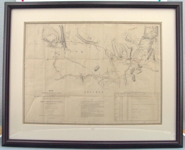 SIMPSON'S MAP OF AN EXPEDITION INTO NAVAJO COUNTRY 1849: Map of an Expedition into the Navajo Country, 1849, drawn by J. H. Simpson, published by U.S. Government, original hand-colored red line of route taken, molded dark wood frame, 29-1/2inches high x 36-