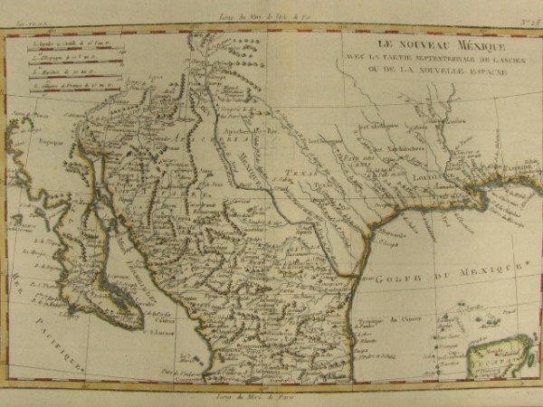 1780 MAP: LE NOVEAU MEXIQUE COPPER PLATE ENGRAVED MAP: Hand colored copper-plate engraving by Rigobert Bonne, Paris, ca. 1780. Measures 9-1/2 inches high x 14-3/8 inches wide.
