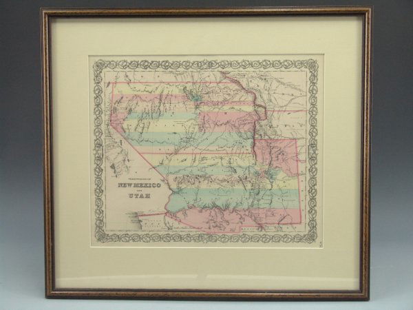 1855 MAP OF TERRITORIES OF UTAH AND NEW MEXICO: Hand colored lithograph map of both territories, published by George W. Colton, New York, 1855, and with a separate page of text accompanying it, in mylar pocket affixed to back of frame. Image field