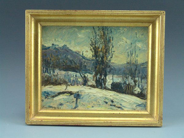 ERNEST FREDERICK MEYER (1863 - 1952) OIL ON BOARD: Impressionist landscape on academy board, signed lower left, measures 10 x 12 inches overall, deep molded frame.