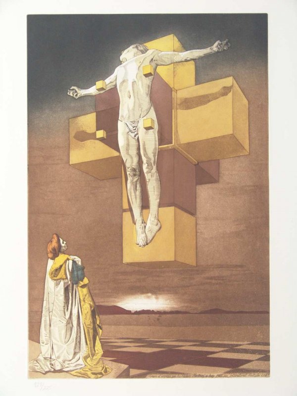 AFTER SALVADOR DALI (1904 - 1989) HAND COLORED ENGRAVIN: "Corpus Hypercubicus", hand-colored engraving, edition 128/225, year printed 1983, printed and pulled Atelier Martinez, France, image size: 21-1/4 inches high x 14-1/4 inches wide; paper size: 30-1/2 