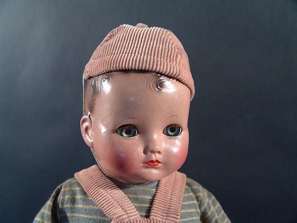 EFFANBEE 14 INCH COMPOSITION BOY DOLL IN ORIGINAL: EFFANBEE 14 INCH COMPOSITION BOY DOLL IN ORIGINAL BOX Molded hair, blue sleep eyes, orig clothes slightly soiled, some crazing.