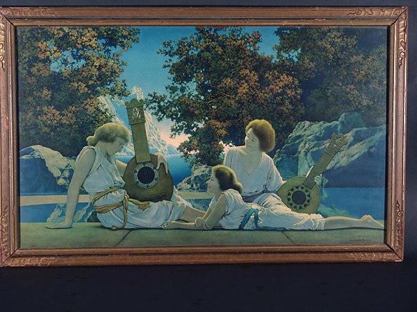 LARGE MAXFIELD PARRISH LUTE PLAYERS ORIGINAL PRIN: LARGE MAXFIELD PARRISH LUTE PLAYERS ORIGINAL PRINT 18 x 30, very faint foxing, nice condition, no tears, holes, stains or noticeable creases. Frame is good, lightly worn