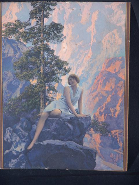 SOLITUDE MAZDA CALENDAR TOP BY MAXFIELD PARRISH 9: SOLITUDE MAZDA CALENDAR TOP BY MAXFIELD PARRISH 9 x 7, noticeably foxed, cropped.