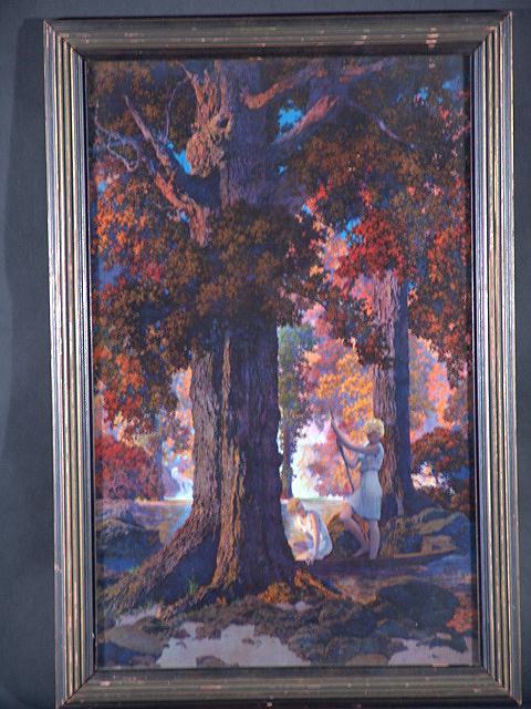 MAXFIELD PARRISH LARGE GOLDEN HOURS ORIGINAL PRIN: MAXFIELD PARRISH LARGE GOLDEN HOURS ORIGINAL PRINT 22 x 14, great strong colors, nice condition, no tears, holes, stains or noticeable creases. Frame is good with light wear to high points