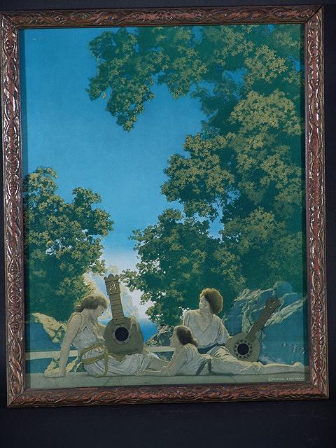 1924 MAXFIELD PARRISH INTERLUDE ORIGINAL PRINT 15: 1924 MAXFIELD PARRISH INTERLUDE ORIGINAL PRINT 15 x 12 1/8, good color, nice condition, no tears, holes, stains or noticeable creases. Frame is lightly worn.