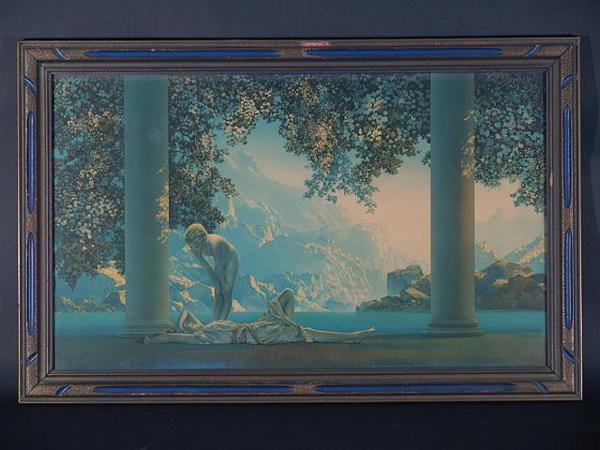 NICE LARGE MAXFIELD PARRISH DAYBREAK ORIGINAL PRI: NICE LARGE MAXFIELD PARRISH DAYBREAK ORIGINAL PRINT 18 x 30, a few small nicks in surface, faint foxing. nice condition, no tears, holes, stains or noticeable creases. Frame is good with light wear.