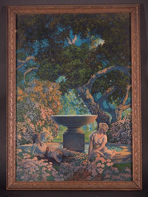 1928 MAXFIELD PARRISH PRINT TITLED REVERIES 20 x: 1928 MAXFIELD PARRISH PRINT TITLED REVERIES 20 x 14, one crease near top visible, one puncture at extreme left top, nice condition, no tears, holes, stains or noticeable creases. Frame is good.