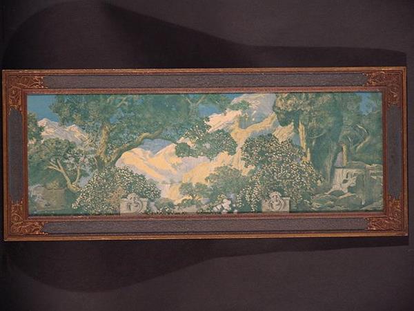 1917 MAXFIELD PARRISH PRINT TITLED DREAM GARDEN 6: 1917 MAXFIELD PARRISH PRINT TITLED DREAM GARDEN 6.75 x 19, a bit light, nice condition, no tears, holes, stains or noticeable creases. Frame is exceptional