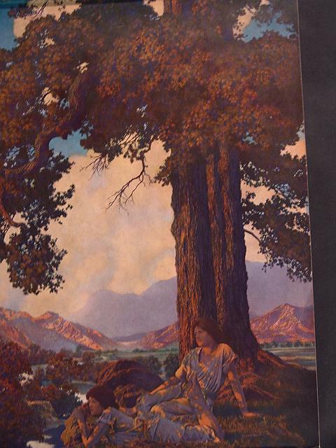 1927 MAXFIELD PARRISH PRINT TITLED HILLTOP unfram: 1927 MAXFIELD PARRISH PRINT TITLED HILLTOP unframed, good deep colors, edge tear(s)22 x 16.5