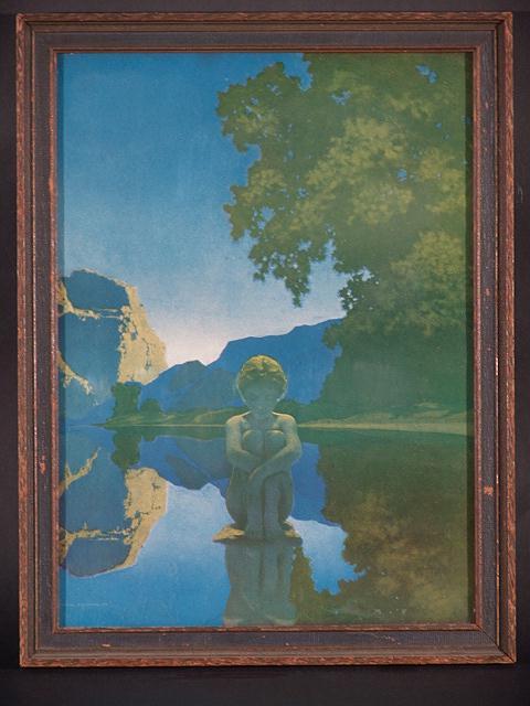 MAXFIELD PARRISH ORIGINAL PRINT TITLED EVENING 15: MAXFIELD PARRISH ORIGINAL PRINT TITLED EVENING 15.25 x 11.25, very, very, very minor water stain barely visible at the bottom, just below the figure 2 inches along edge, nice condition, no tears, hole