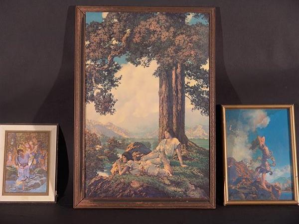 THREE MAXFIELD PARRISH PRINTS Reprint HILLTOP, EC: THREE MAXFIELD PARRISH PRINTS Reprint HILLTOP, ECSTASY with water stains and THE SWING 1970's greeting card in old frame.