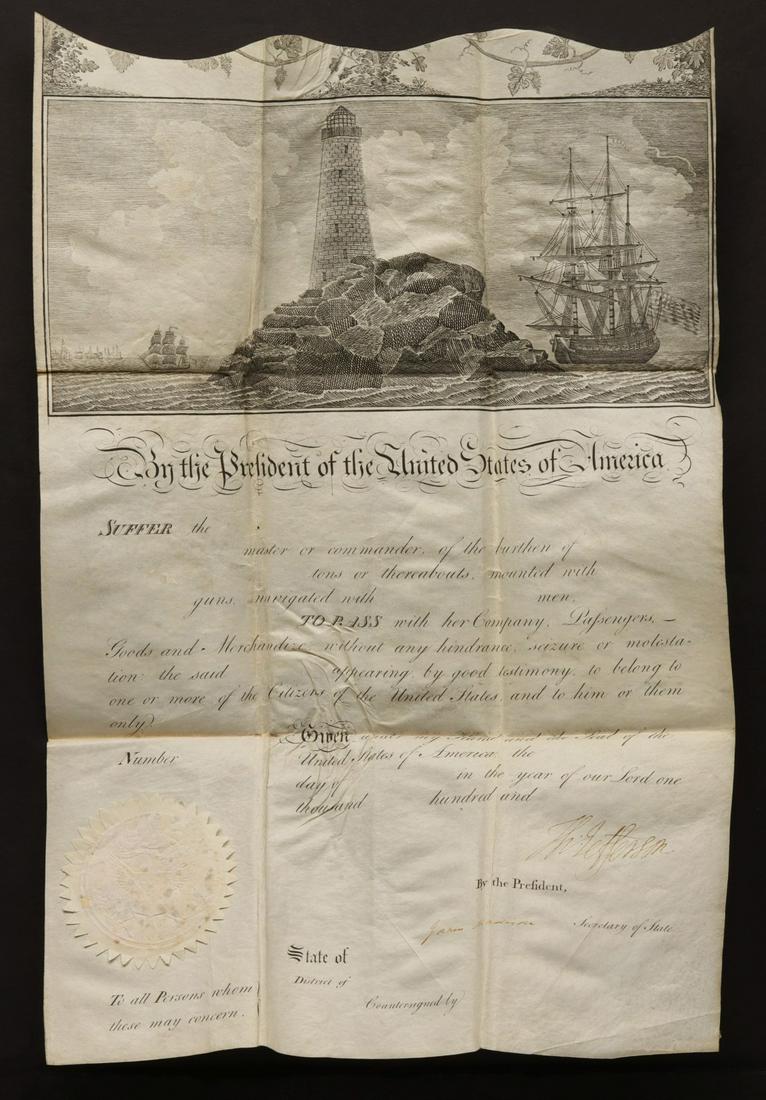 A SEA PASSPORT SIGNED THOMAS JEFFERSON & MADISON (1 of 15)