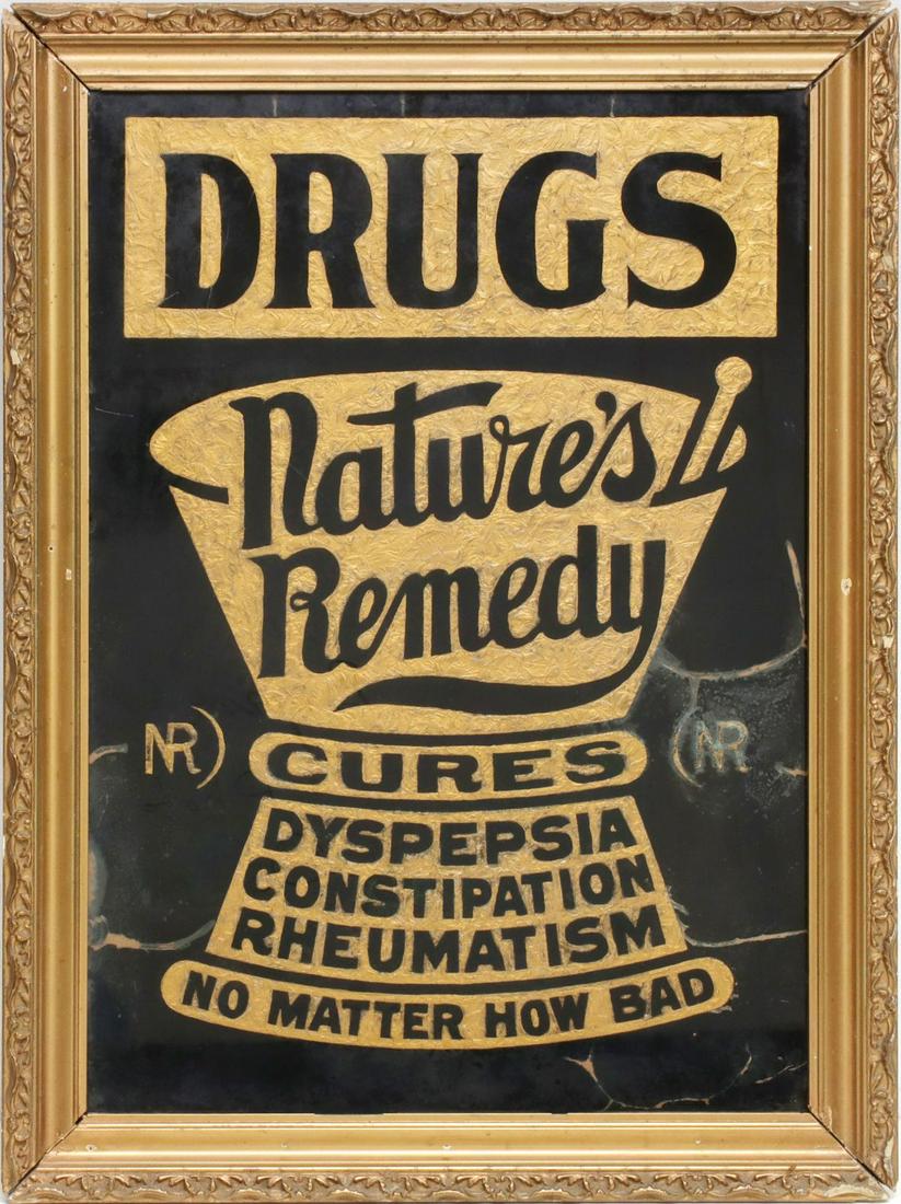 A REVERSE PAINTED 'DRUGS' AND NATURE'S REMEDY' SIGN (1 of 8)