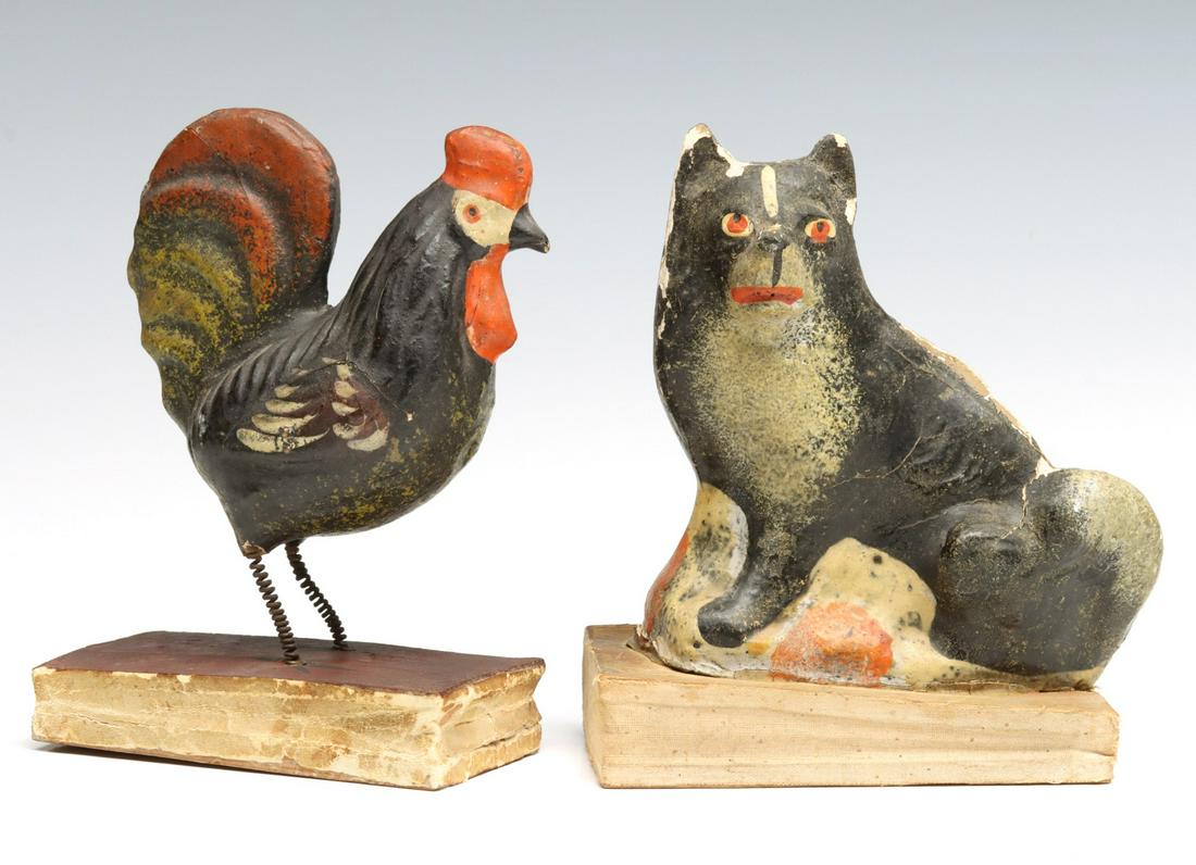 PAPIER MACHE 19C. ROOSTER AND DOG PIPSQUEAK TOYS (1 of 19)