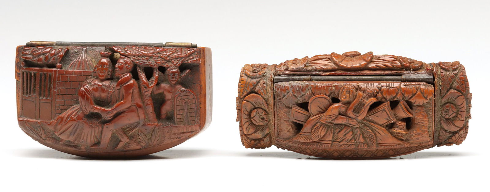 TWO HEAVILY CARVED 19C. COQUILLA NUT SNUFF BOXES. (1 of 8)