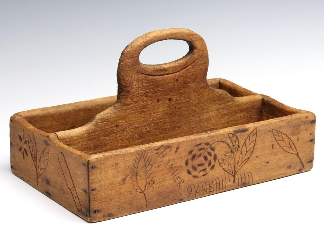 A 19TH C WOOD CUTLERY TRAY WITH ETCHED DECORATION (1 of 11)