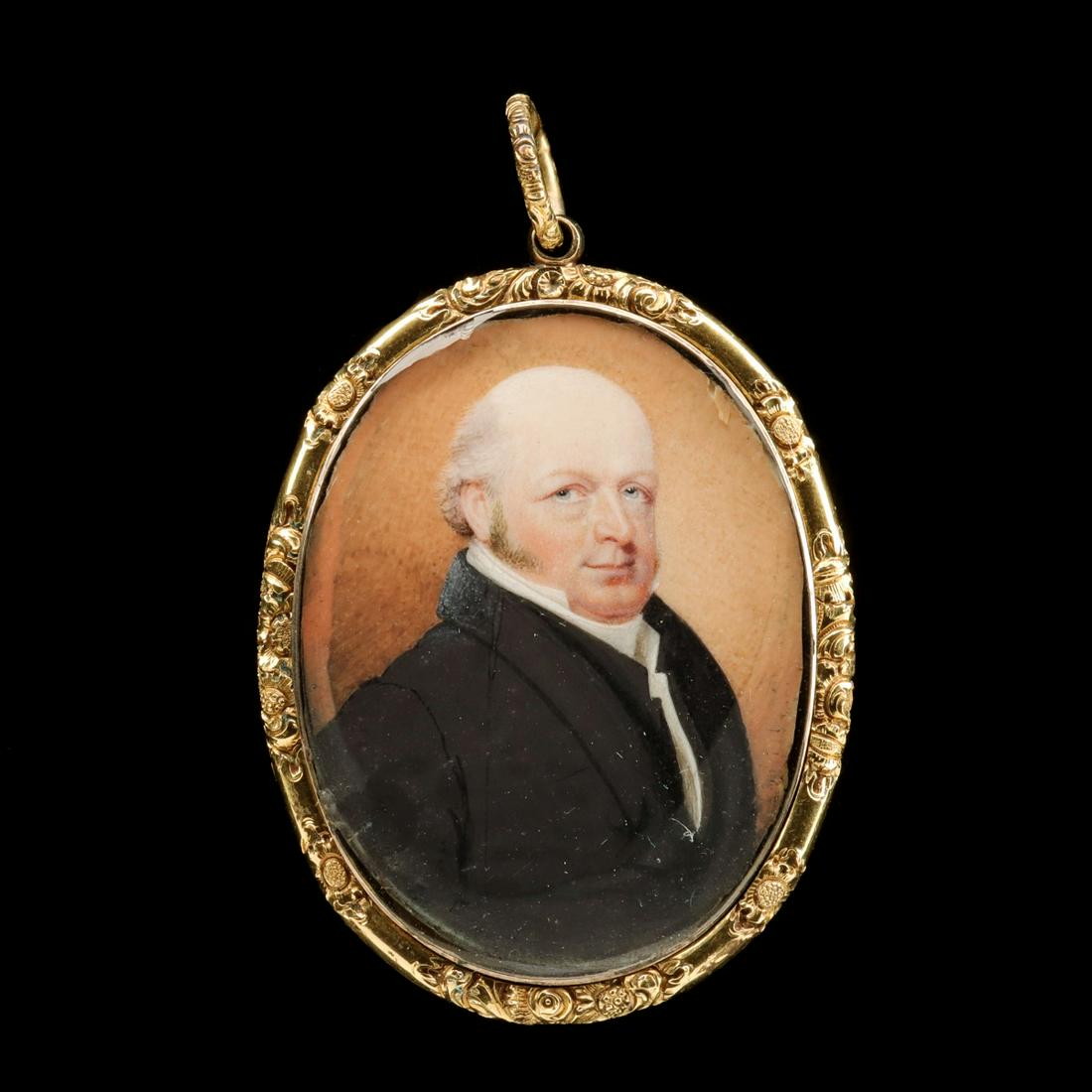 FINE 19TH C. MINIATURE PORTRAIT OF A GENTLEMAN: The finely executed likeness of a gentleman in 1840s garb painted by hand, displayed in a carved and sculpted gold tone locket frame, unsigned, no identification. Measures 3 x 2 inches. We happily pro