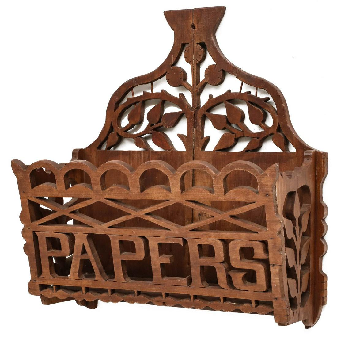 A LATE 19TH C. FOLK ART SCROLL CUT WALL POCKET (1 of 11)