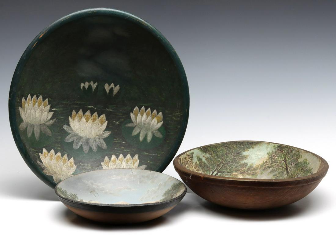 THREE 19TH C. FOLK ART PAINTED WOOD BOWLS (1 of 18)