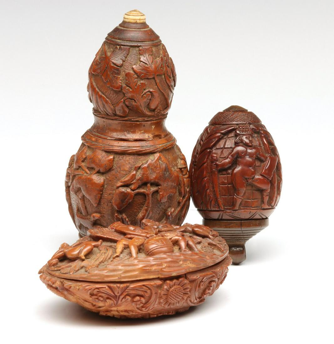 19TH C. HEAVILY CARVED COQUILLA NUT CONTAINERS (1 of 13)