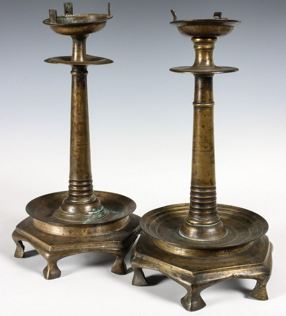 18TH C. BRASS FOOTED CANDLESTICKS WITH DRIP PAN (1 of 13)
