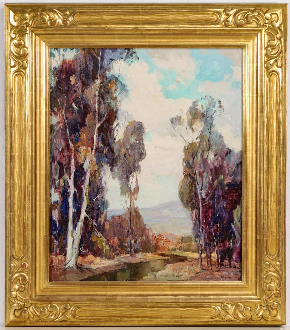 NELL WALKER WARNER (1891-1970) OIL ON CANVAS: Nell Gertrude Walker Warner (1891-1970) Eucalypti Circa 1930s. The classic California School landscape signed by the artist in aubergine pigment lower right expands on the natural beauty of a passagew