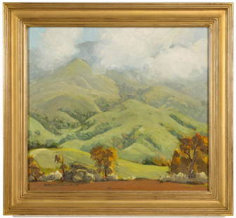 RALPH HOLMES (1876-1963) OIL ON CANVAS BOARD: Ralph William Holmes (1876-1963) An Untitled California Landscape Second quarter of the 20th Century. The view of California foothills (possibly near San Luis Obispo) shrouded in mist is signed lower