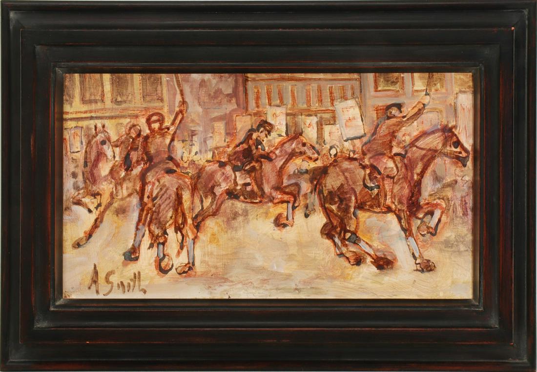ARTHUR SMITH (1897-1972) STREET RIOT MIXED MEDIA: Arthur Smith (1897-1972) Mid 20th Century. The mixed media on panel depicting officers on horseback among figures on foot with signs is signed lower left front. Sight size measures 5.5 x 11.75 with a