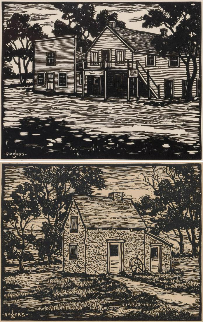 CHARLES B. ROGERS (1911-1987) BLOCK PRINTS (TWO WORKS): Charles B. Rogers (1911-1987) Pioneer Home and Trail Junction Circa 1950 The two block prints are each signed by the artist lower right and titled lower left. Charles B. Rogers was a member of the Pra