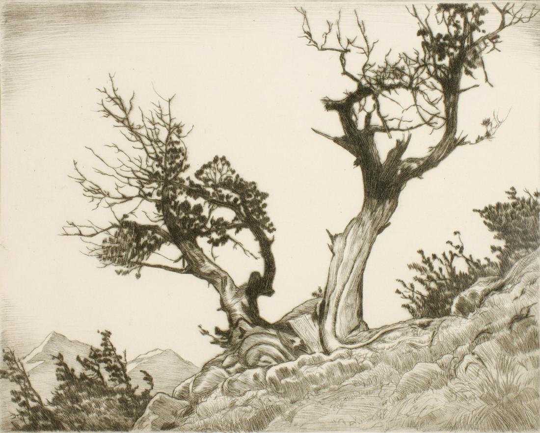 LYMAN BYXBE (1886-1980) PENCIL SIGNED ETCHING: Lyman Byxbe (1886-1980) Wailing Harps Circa 1947 The drypoint etching signed by the artist in pencil below the image lower right is titled lower left, Crump number 379, second state, edition unknown.