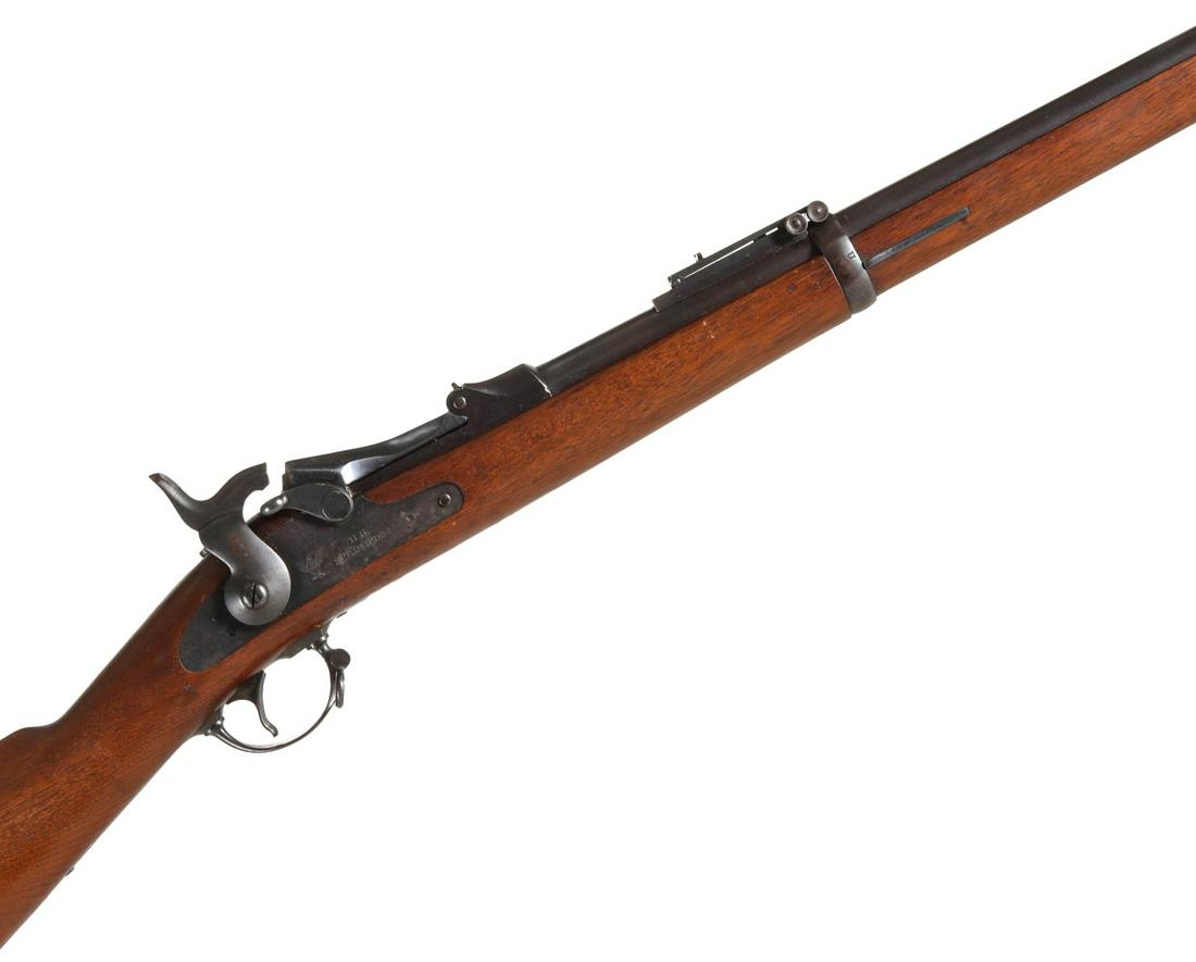SPRINGFIELD MODEL 1884 .45-70 CAL TRAPDOOR RIFLE: U.S. SPRINGFIELD 45 1884 (serial #:36131) Stock is a one-piece smooth wood with straight grip, straight comb, and steel butt plate. Stock marked 1889. Includes cleaning rod. Measures 32.5 inch barrel,