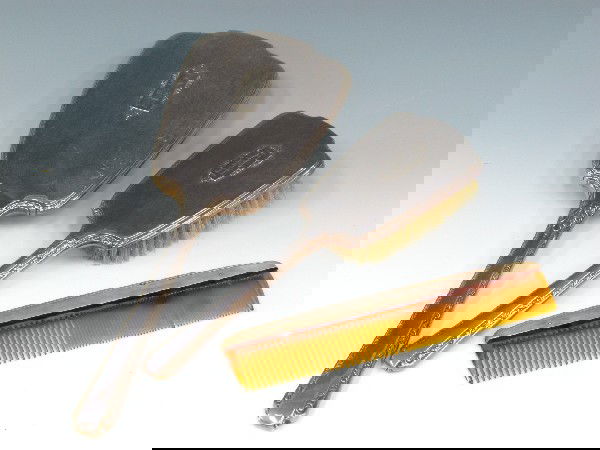 GORHAM STERLING SILVER DRESSER SET MIRROR, BRUSH, COMB: Mirror and brush monogrammed 'AVH', comb marked 'Gorham,' all marked 'sterling.' Mirror measures 12.5 inches, brush 9.75 inches, comb 7.5 inches.