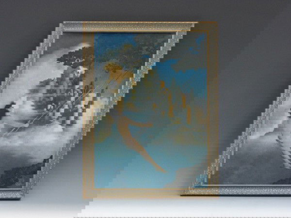 AN ORIGINAL MAXFIELD PARRISH PRINT TITLED DINKEY BIRD: 1904 era print of an illustration for Eugene Fields' 'Poems of Childhood,' with 'MP' initials in lower right corner. Framed, 16-3/4 x 12-3/4 inches overall.