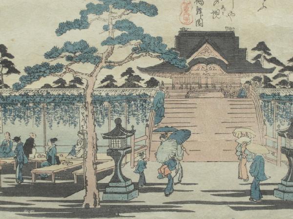 FRAMED JAPANESE WOODBLOCK PRINT BY ANDO HIROSHIGE: Framed Japanese woodblock print by Ando Hiroshige (1797-1858) from an Edo series, depicting visitors drinking tea under a wisteria arbor by the Drum Bridge at the Kameido Tenjin Shrine, signed "Hirosh