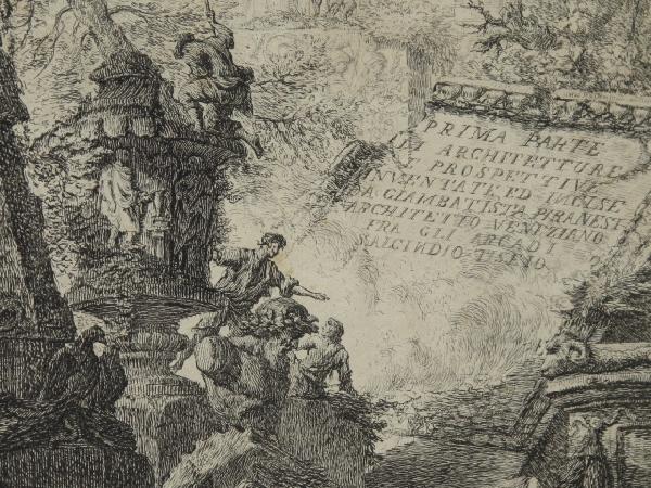 AN 18TH CENTURY GIOVANNI BATTISTA PIRANESI ETCHING: Piranesi (Italian, 1720-1778). Titled 'Prima Parte Architetture Prospettive'. 14 x 10 inch plate size, 22-1/2 x 18 inch frame.