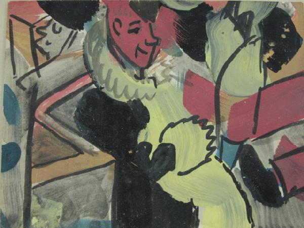 A WATERCOLOR ON PAPER BY (1922 - 1977): Watercolor or tempera on paper, titled 'Train Station' and with 'A. Kraft' (Arthur Kraft?) signature on matting. Painting glued to this matting. 3-1/4 x 4-1/4 inches, in 13-1/2 x 15 inch frame.