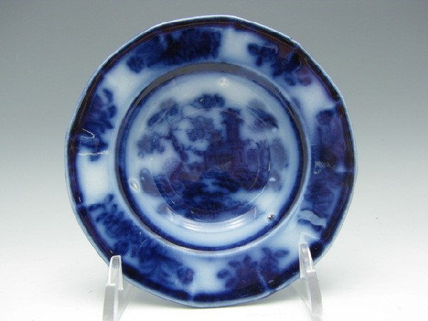 THREE FLOW BLUE TONQUIN PATTERN MINIATURE SOUP PLATES: Each with underglazed number to reverse, measure 4.5 inches in diameter.